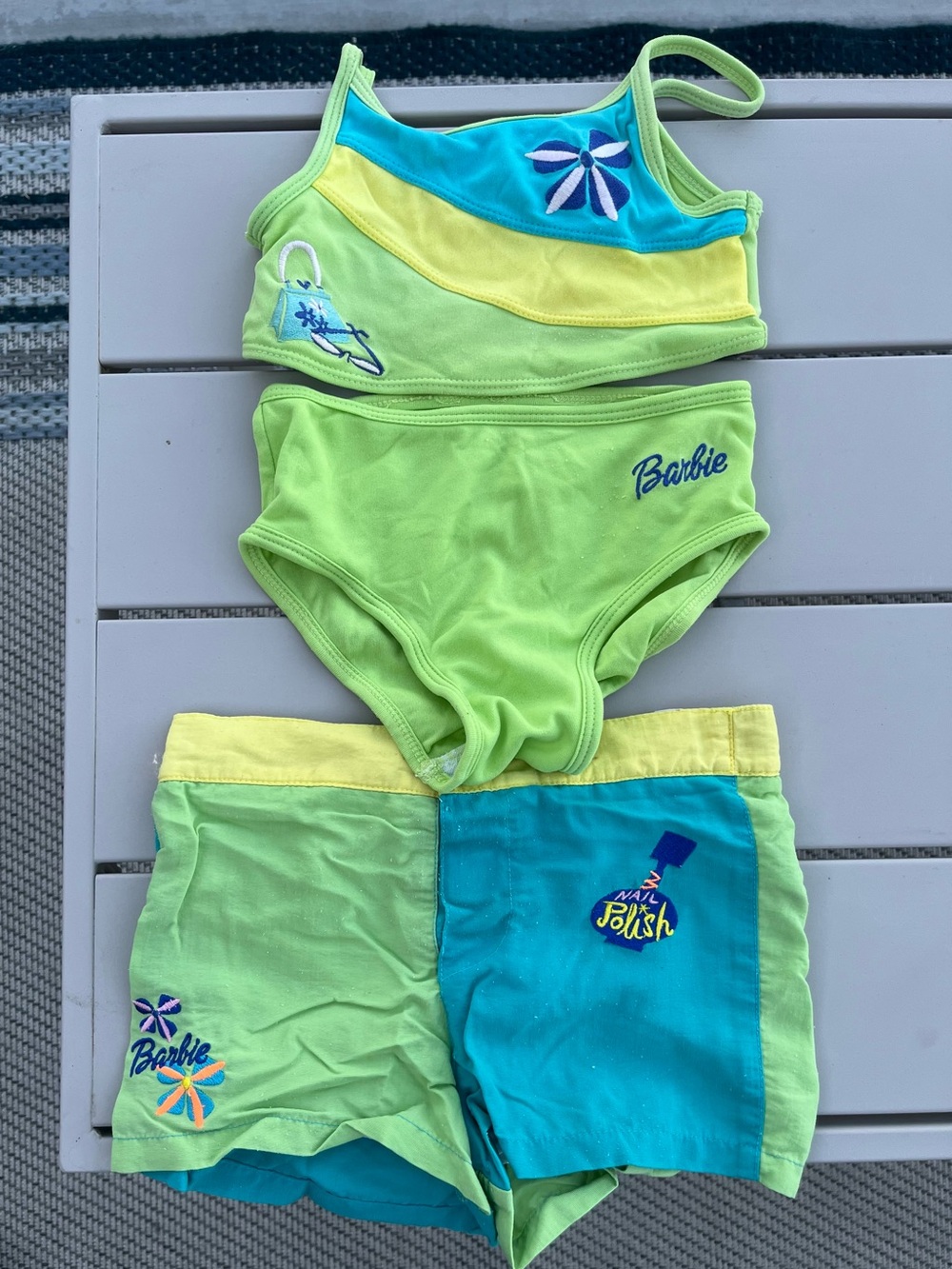 Barbie VTG Y2K Neon Green, Teal & Yellow Two-Piece Swim Set with Shorts